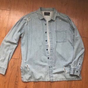 Distressed denim button up